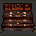 Elegant Red Wooden Cabinet with Golden Decorations Multiple Drawers and Carved Legs for Clothing Storage